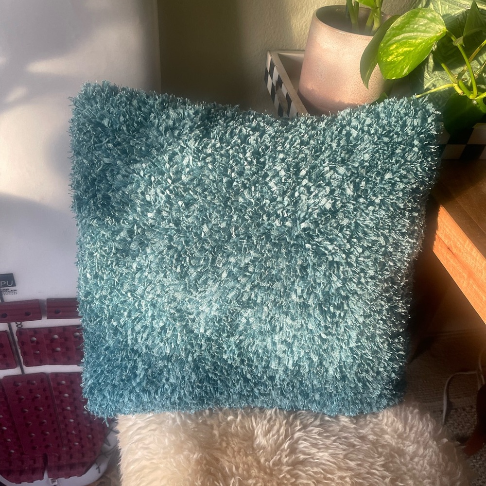 Vintage blue shaggy bohemian blue teal throw pillow 16 x 16” square